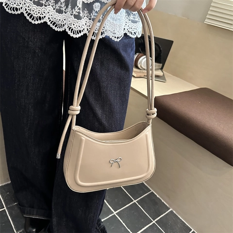 Women PU Leather Underarm Shoulder Bag Minimalist Hobo Handbag With Silver Metal Bow And Knot Strap Chic Vintage Style