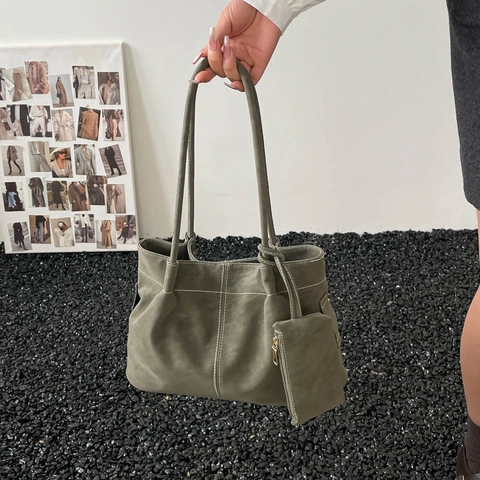 Retro Grote Capaciteit Tote Bag Mat PU Leer Met Witte Contraststiksels En Tas Minimalistische Vintage Schoudertas Voor Dames