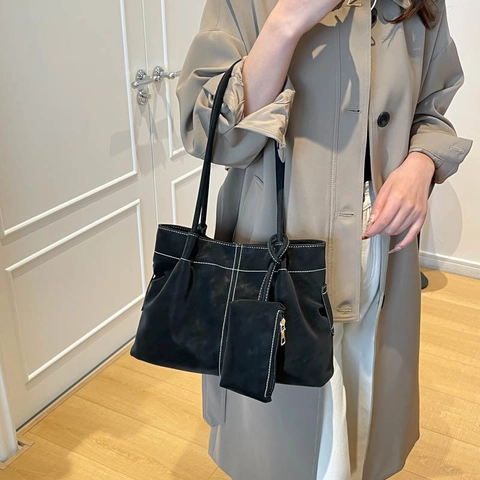 Retro Grote Capaciteit Tote Bag Mat PU Leer Met Witte Contraststiksels En Tas Minimalistische Vintage Schoudertas Voor Dames