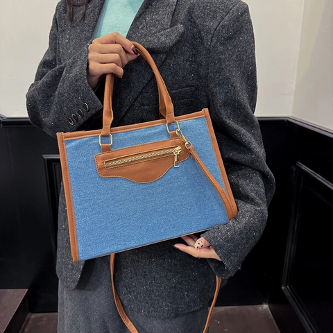 Borsa Tote In Tessuto Denim E Pelle PU Splicing Grande Capacità Borsa A Mano Retro Borsa Tracolla Con Tasca Zip