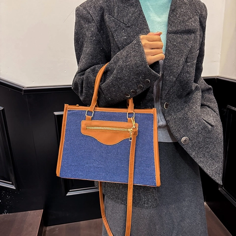 Borsa Tote In Tessuto Denim E Pelle PU Splicing Grande Capacità Borsa A Mano Retro Borsa Tracolla Con Tasca Zip