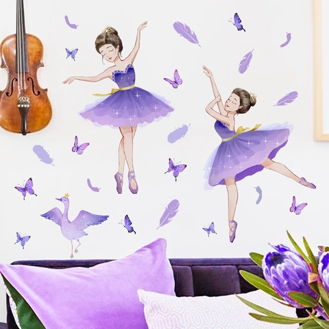 Adesivo Da Parete Ragazza Balletto Viola Farfalla Piuma Cigno PVC Autoadesivo Decalcomania Decorazione Camera Bambini