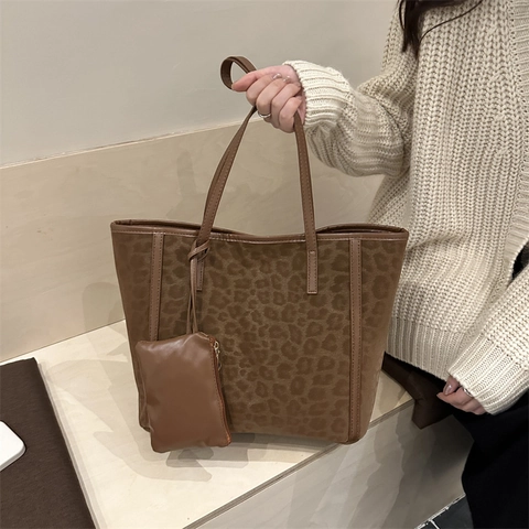 Luipaardprint Tote Bag Grote Capaciteit Dames Retro Commuter Oksel Schoudertas Met Tasje