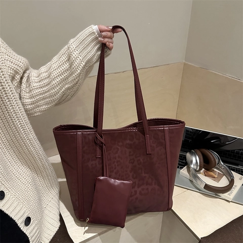 Luipaardprint Tote Bag Grote Capaciteit Dames Retro Commuter Oksel Schoudertas Met Tasje