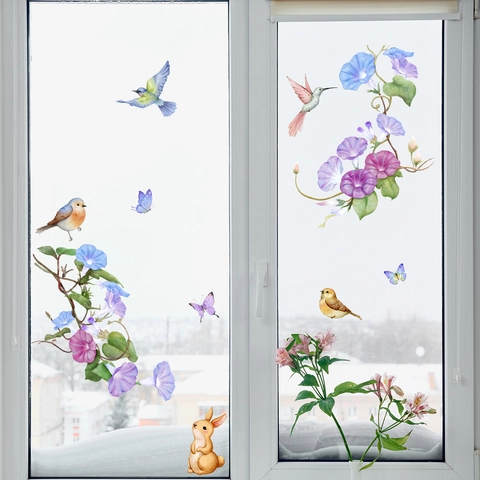 Morning Glory Flower Window Stickers Static Cling PVC Butterfly Bird Rabbit Watercolor Glass Decals For Home Decor Removable