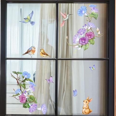 Morning Glory Flower Window Stickers Static Cling PVC Butterfly Bird Rabbit Watercolor Glass Decals For Home Decor Removable