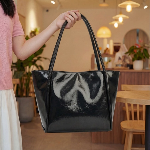 Große Damen Tragetasche Aus Glänzendem PU Leder Mit Lackfinish Schultertasche Für Den Täglichen Weg Zur Arbeit