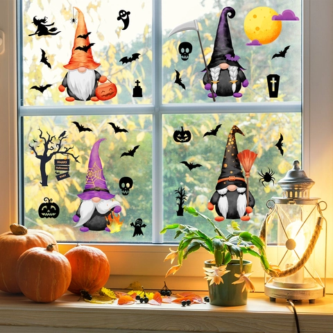 Halloween Gnomes Window Cling Stickers PVC Bat Pumpkin Static Decals For Glass Party Home Holiday Decor Accessories