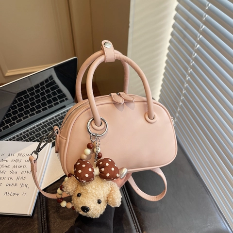 Borsa Bowling Boston Mini Da Donna Pelle PU Stile Coreano Borsa A Mano Con Ciondolo In Peluche Tracolla Rimovibile Versatile Elegante
