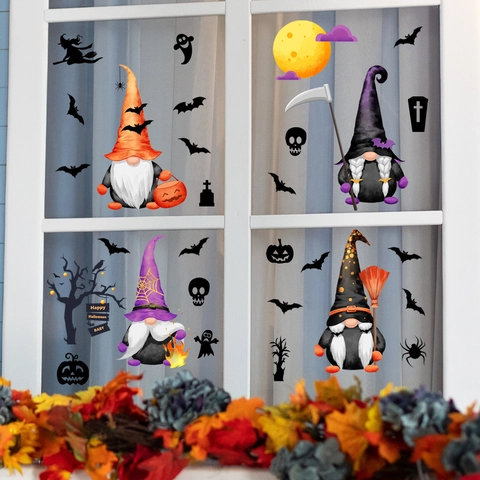 Halloween Gnomes Window Cling Stickers PVC Bat Pumpkin Static Decals For Glass Party Home Holiday Decor Accessories