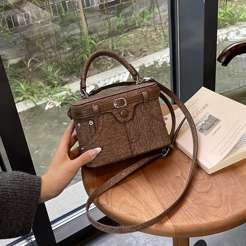 Vintage Denim Box Handtasche Kreatives Taschendesign Umhängetasche PU Lederbesatz Kontrastnaht Für Frauen