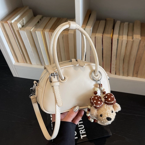 Borsa Bowling Boston Mini Da Donna Pelle PU Stile Coreano Borsa A Mano Con Ciondolo In Peluche Tracolla Rimovibile Versatile Elegante