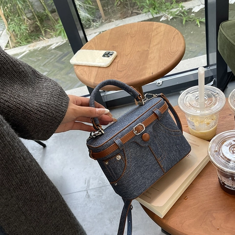 Vintage Denim Box Handtasche Kreatives Taschendesign Umhängetasche PU Lederbesatz Kontrastnaht Für Frauen