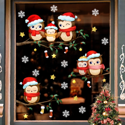 Pegatinas Navidad Ventana Búho Dibujos Animados Copo Nieve Rama Árbol Estática PVC Decoración Cristal Hogar