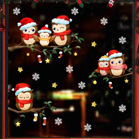 Pegatinas Navidad Ventana Búho Dibujos Animados Copo Nieve Rama Árbol Estática PVC Decoración Cristal Hogar
