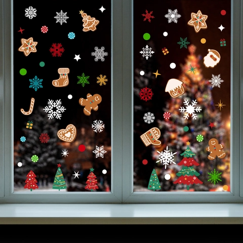 Christmas Window Clings Static Cling Stickers PVC Snowflake Gingerbread Man Xmas Tree Holiday Glass Decor Removable