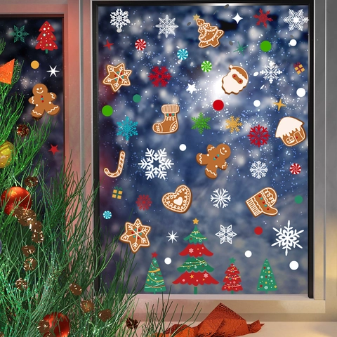 Christmas Window Clings Static Cling Stickers PVC Snowflake Gingerbread Man Xmas Tree Holiday Glass Decor Removable