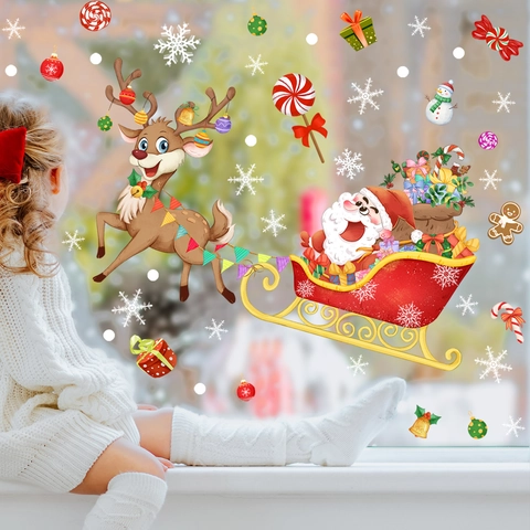 Christmas Window Stickers Santa Claus Reindeer Snowflake Static Cling PVC Decals For Glass Holiday Home Decoration