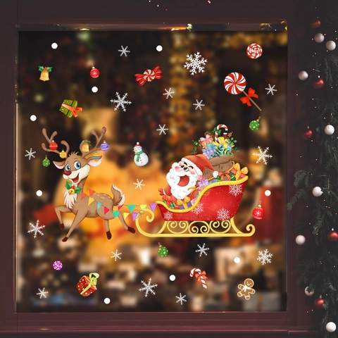 Christmas Window Stickers Santa Claus Reindeer Snowflake Static Cling PVC Decals For Glass Holiday Home Decoration
