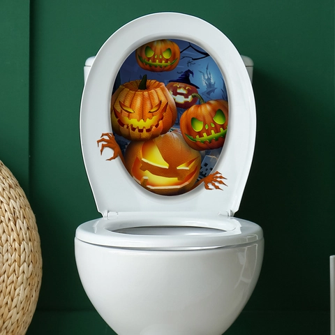 Adesivo Per Coperchio WC Halloween 3D Lanterna Di Zucca Castello PVC Impermeabile Removibile Murale Per Bagno Festa Decorazione