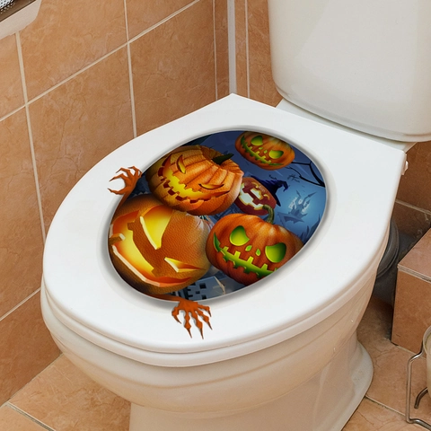 Adesivo Per Coperchio WC Halloween 3D Lanterna Di Zucca Castello PVC Impermeabile Removibile Murale Per Bagno Festa Decorazione