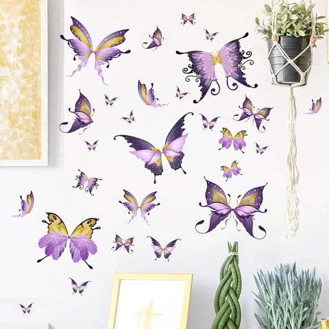 Adesivi Murali Farfalla Oro Viola PVC Autoadesivi Decorazione DIY Rimovibile Per Soggiorno Camera Da Letto Sfondo