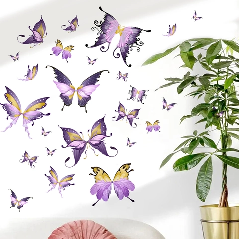 Adesivi Murali Farfalla Oro Viola PVC Autoadesivi Decorazione DIY Rimovibile Per Soggiorno Camera Da Letto Sfondo