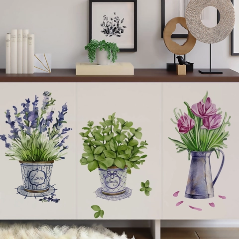 Watercolor Potted Plant Wall Stickers PVC Waterproof Flower Lavender Tulip Decals For Living Room Bedroom Cabinet Decoration