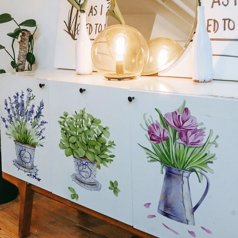 Watercolor Potted Plant Wall Stickers PVC Waterproof Flower Lavender Tulip Decals For Living Room Bedroom Cabinet Decoration