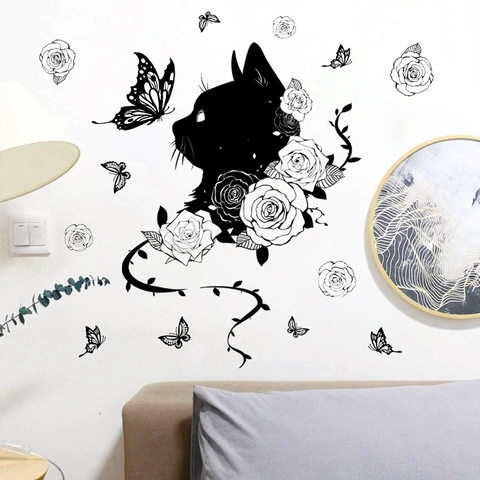 Black Cat Silhouette Rose Flowers Butterfly Wall Stickers PVC Self Adhesive DIY Decals For Living Room Modern Home Decor