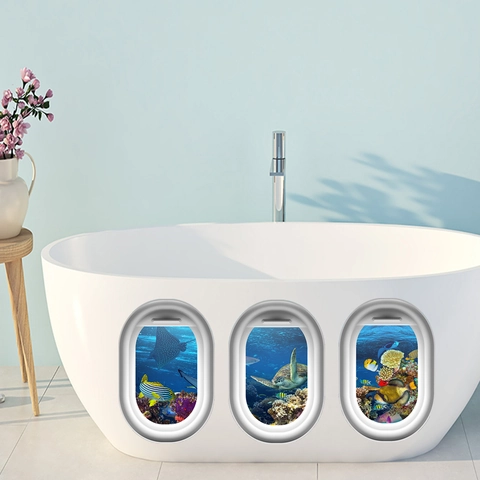 3D Unterwasserwelt Badezimmer Wandaufkleber PVC Wasserdicht Selbstklebend Meereslebewesen Fenster Stil Badewanne Aufkleber Heimdekor