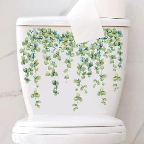 Pegatina De Inodoro De Vid De Planta Verde PVC Impermeable Autoadhesiva Calcomanía De Pared De Baño Estilo Acuarela