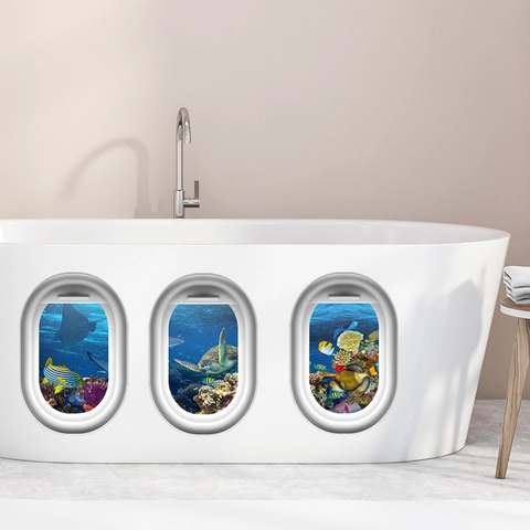 3D Unterwasserwelt Badezimmer Wandaufkleber PVC Wasserdicht Selbstklebend Meereslebewesen Fenster Stil Badewanne Aufkleber Heimdekor