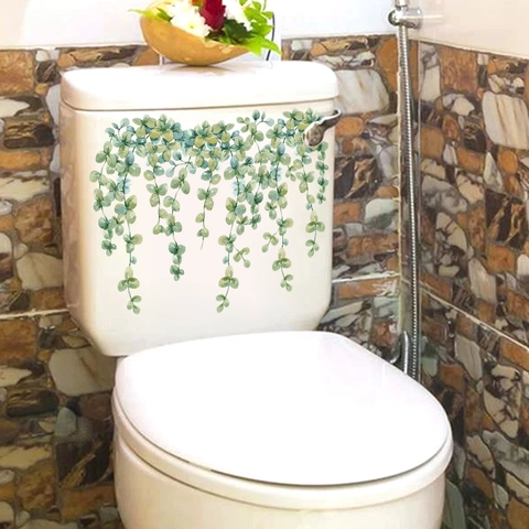 Pegatina De Inodoro De Vid De Planta Verde PVC Impermeable Autoadhesiva Calcomanía De Pared De Baño Estilo Acuarela