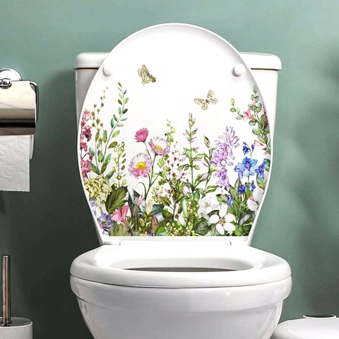 Autocollant De Toilette Fleur Papillon Imperméable PVC Auto-Adhésif Décoration De Couvercle De Salle De Bain