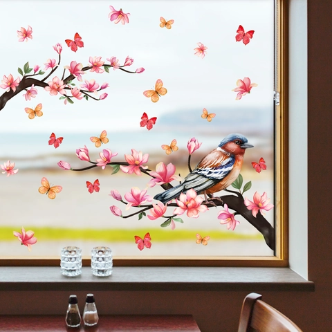Vogel Blume Schmetterling Fensterbilder Statisch Haftend PVC Aufkleber Wasserdicht Glas Dekoration