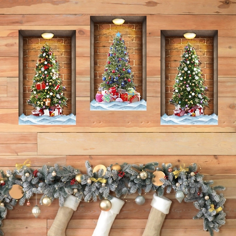 Christmas Tree Wall Stickers PVC Self Adhesive Removable Festive Brick Wall Decals For Living Room Bedroom Holiday Decoration