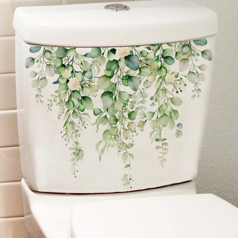 Adesivo Per WC Foglie Verdi PVC Impermeabile Autoadesivo Acquerello Fiori Bianchi Decalcomania Da Parete Per Bagno
