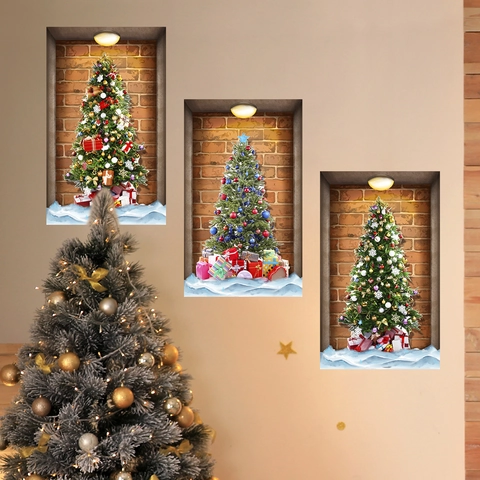 Christmas Tree Wall Stickers PVC Self Adhesive Removable Festive Brick Wall Decals For Living Room Bedroom Holiday Decoration