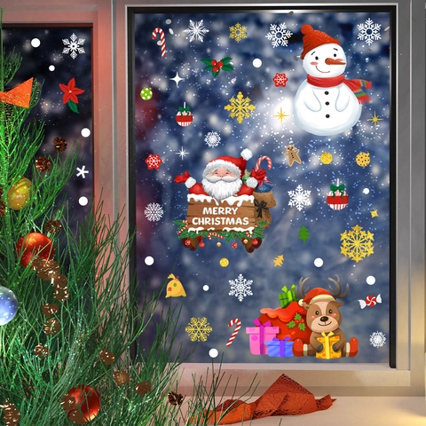 Vetrofanie Natalizie Statiche PVC Renna Pupazzo Di Neve Fiocchi Babbo Natale Decorazioni Vetro Casa Festosa