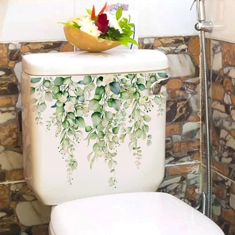 Adesivo Per WC Foglie Verdi PVC Impermeabile Autoadesivo Acquerello Fiori Bianchi Decalcomania Da Parete Per Bagno