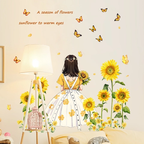 Sunflower Girl Butterfly Wall Stickers PVC Self-Adhesive Removable Mural For Bedroom Living Room Decor Cute Illustration
