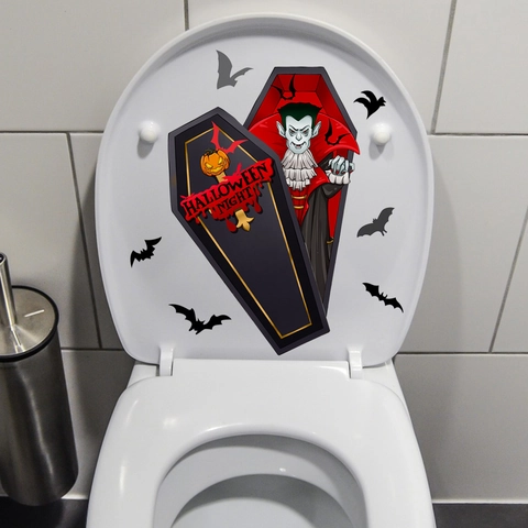 Sticker De Couvercle De Toilettes Halloween Vampire Cercueil Chauves-souris PVC Imperméable Décalcomanie Murale Salle De Bain