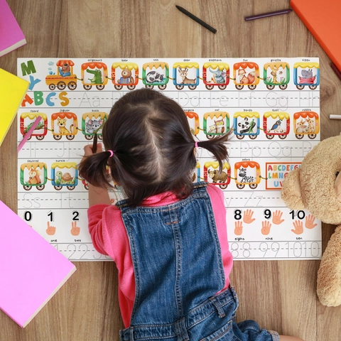 Adesivi Murali Educativi Decalcomanie Lavagna Cancellabili Alfabeto E Numeri Treno Animali Per Camera Bambini PVC Cartone Animato