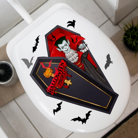 Sticker De Couvercle De Toilettes Halloween Vampire Cercueil Chauves-souris PVC Imperméable Décalcomanie Murale Salle De Bain