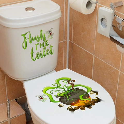 Adesivo per Gabinetto Halloween Fantasma Calderone Verde Flush The Toilet Impermeabile PVC Decalcomania per Bagno Decorazione