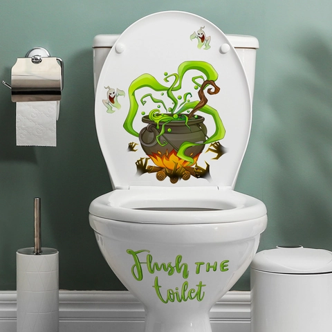 Adesivo per Gabinetto Halloween Fantasma Calderone Verde Flush The Toilet Impermeabile PVC Decalcomania per Bagno Decorazione