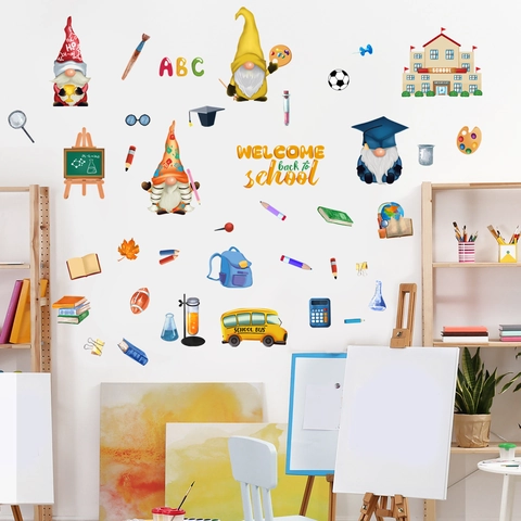 Terug Naar School Muurstickers Cartoon Kabouter Schoolbus PVC Zelfklevend Klaslokaal Kinderkamer Decoratie