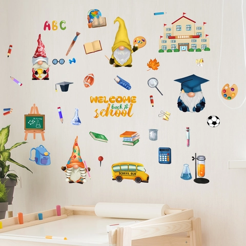 Terug Naar School Muurstickers Cartoon Kabouter Schoolbus PVC Zelfklevend Klaslokaal Kinderkamer Decoratie