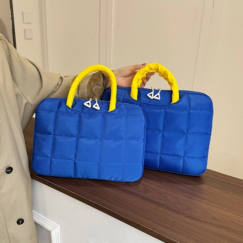Borsa Per Laptop Nylon Trapuntato Imbottito Antiurto Ufficio Viaggio Carino Versatile Per Donne Ragazze Manico A Contrasto